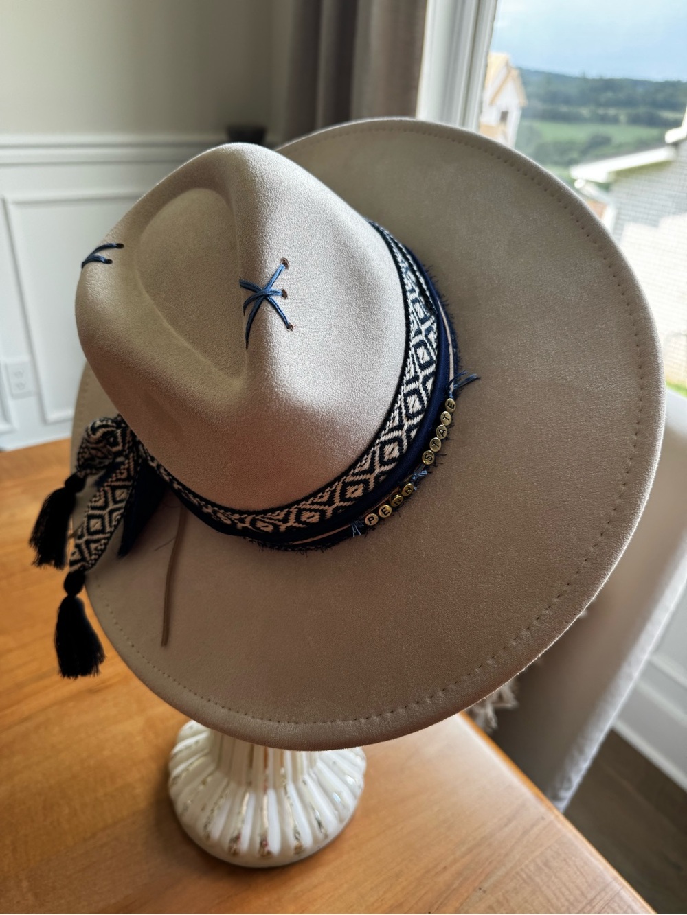 Hand Crafted Cream Wide-Brim Embellished Penn State Hat - Picture 14 of 14
